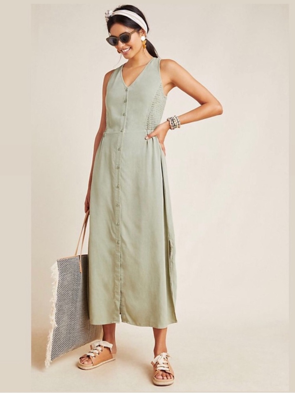 Cloth & Stone for Anthropologie Matcha Button Front Maxi Dress, EUC, size S